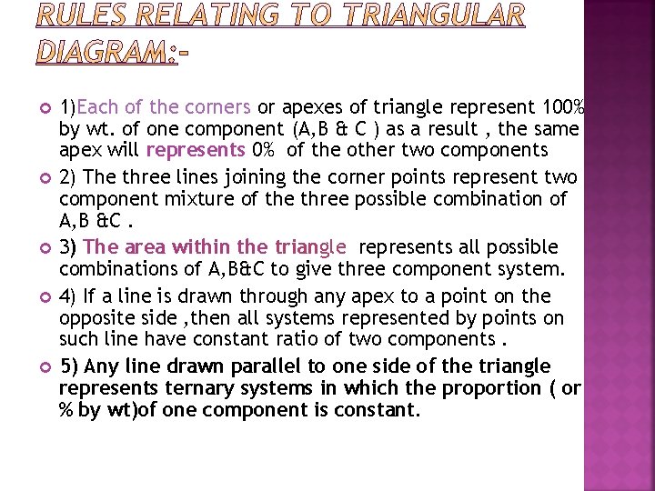  1)Each of the corners or apexes of triangle represent 100% by wt. of