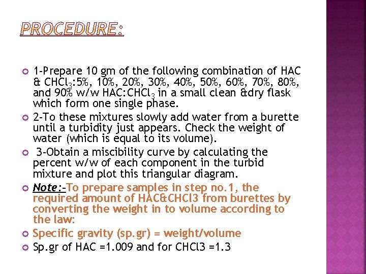  1 -Prepare 10 gm of the following combination of HAC & CHCl 3: