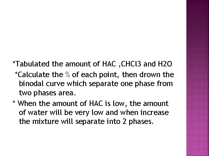 *Tabulated the amount of HAC , CHCl 3 and H 2 O *Calculate the