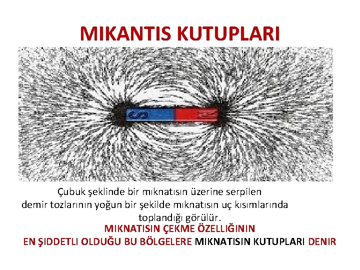 MIKANTIS KUTUPLARI Çubuk şeklinde bir mıknatısın üzerine serpilen demir tozlarının yoğun bir şekilde mıknatısın