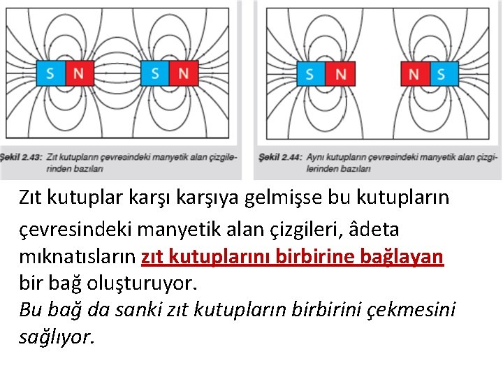 Zıt kutuplar karşıya gelmişse bu kutupların çevresindeki manyetik alan çizgileri, âdeta mıknatısların zıt kutuplarını