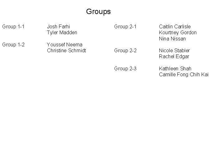 Groups Group 1 -1 Josh Farhi Tyler Madden Group 1 -2 Youssef Neema Christine