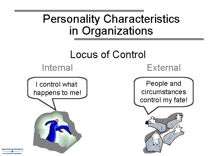 Personality Characteristics in Organizations Locus of Control Internal External I control what happens to