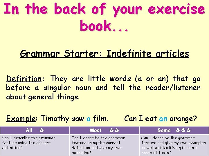 In the back of your exercise book. . . Grammar Starter: Indefinite articles Definition: