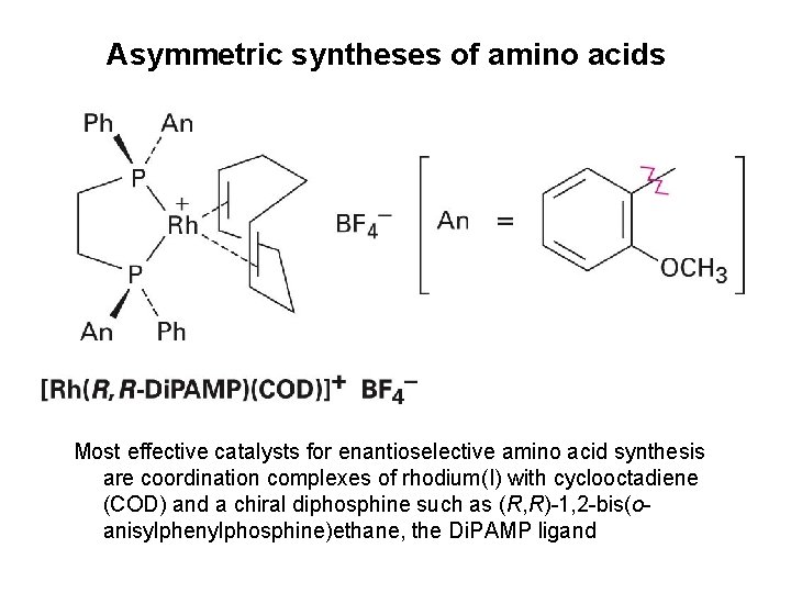 Asymmetric syntheses of amino acids Most effective catalysts for enantioselective amino acid synthesis are