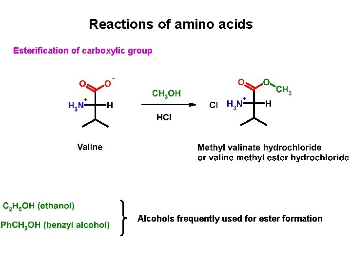 Reactions of amino acids Esterification of carboxylic group Alcohols frequently used for ester formation