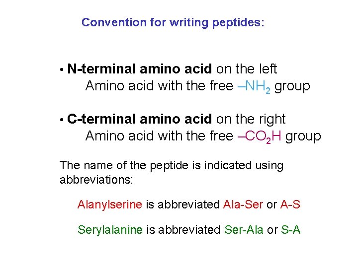 Convention for writing peptides: • N-terminal amino acid on the left Amino acid with