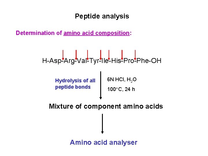 Peptide analysis Determination of amino acid composition: H-Asp-Arg-Val-Tyr-Ile-His-Pro-Phe-OH Hydrolysis of all peptide bonds 6