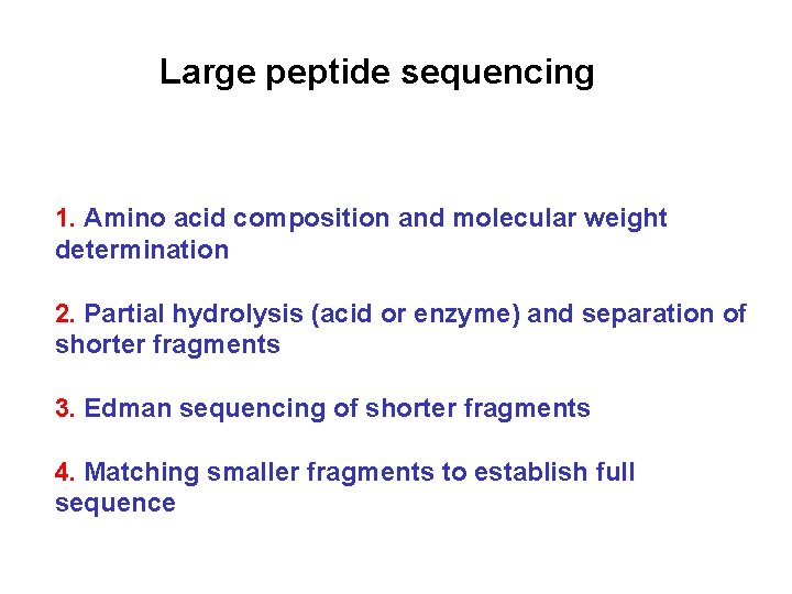 Large peptide sequencing 1. Amino acid composition and molecular weight determination 2. Partial hydrolysis