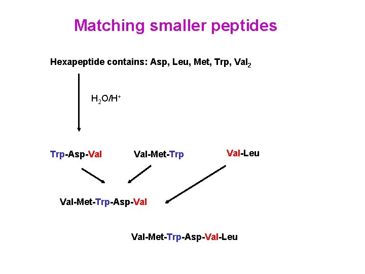 Matching smaller peptides Hexapeptide contains: Asp, Leu, Met, Trp, Val 2 H 2 O/H+