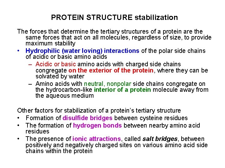 PROTEIN STRUCTURE stabilization The forces that determine the tertiary structures of a protein are