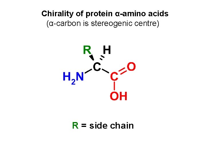 Chirality of protein α-amino acids (α-carbon is stereogenic centre) R = side chain 