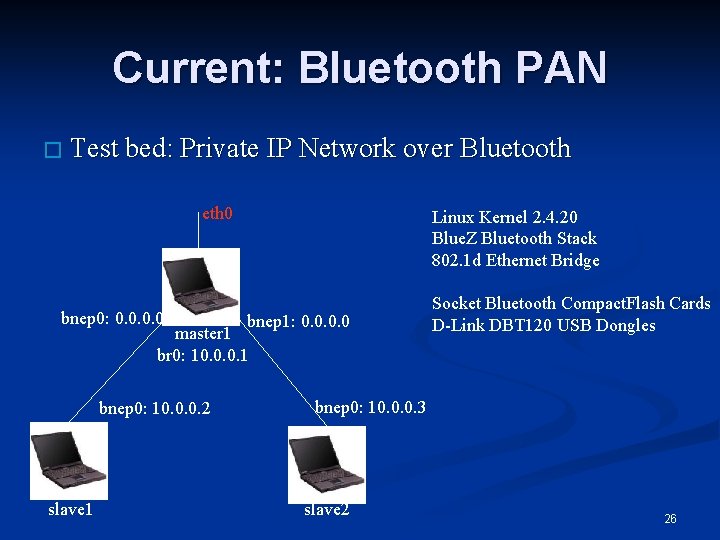 Current: Bluetooth PAN � Test bed: Private IP Network over Bluetooth eth 0 Linux