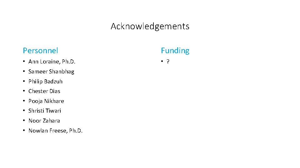 Acknowledgements Personnel Funding • Ann Loraine, Ph. D. • ? • Sameer Shanbhag •