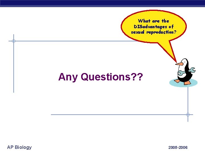 What are the DISadvantages of sexual reproduction? Any Questions? ? AP Biology 2005 -2006