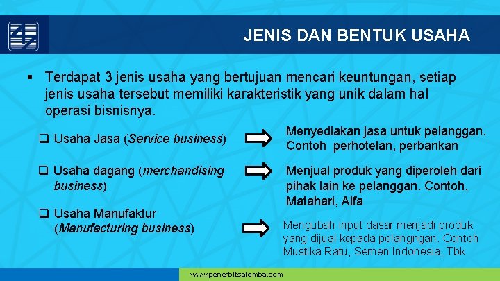 JENIS DAN BENTUK USAHA § Terdapat 3 jenis usaha yang bertujuan mencari keuntungan, setiap