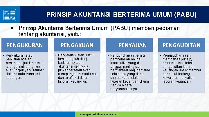 PRINSIP AKUNTANSI BERTERIMA UMUM (PABU) § Prinsip Akuntansi Berterima Umum (PABU) memberi pedoman tentang