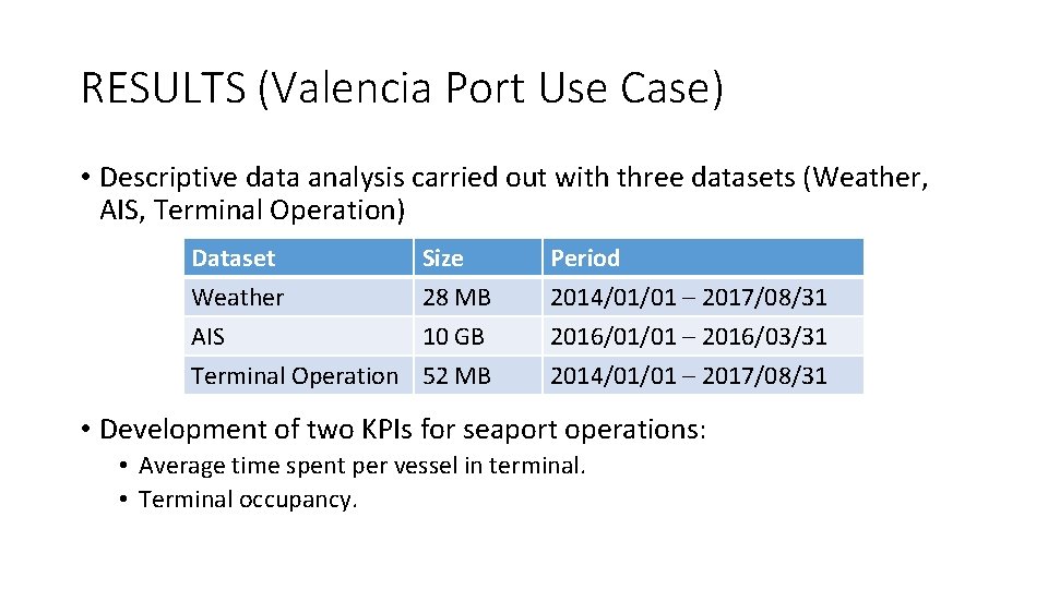 RESULTS (Valencia Port Use Case) • Descriptive data analysis carried out with three datasets