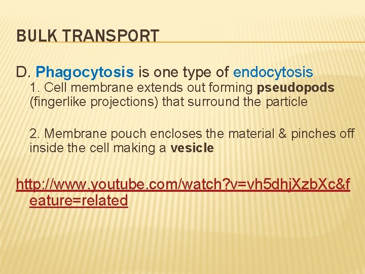 BULK TRANSPORT D. Phagocytosis is one type of endocytosis 1. Cell membrane extends out