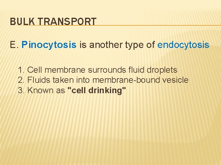 BULK TRANSPORT E. Pinocytosis is another type of endocytosis 1. Cell membrane surrounds fluid