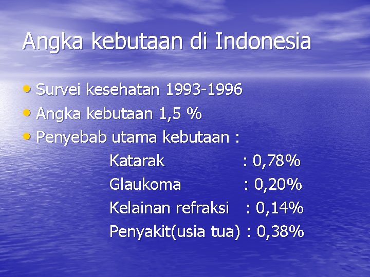 Angka kebutaan di Indonesia • Survei kesehatan 1993 -1996 • Angka kebutaan 1, 5