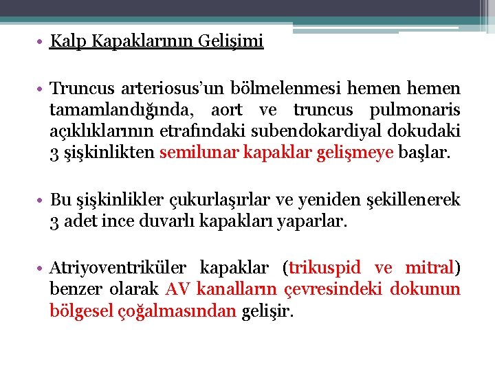  • Kalp Kapaklarının Gelişimi • Truncus arteriosus’un bölmelenmesi hemen tamamlandığında, aort ve truncus