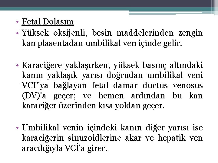  • Fetal Dolaşım • Yüksek oksijenli, besin maddelerinden zengin kan plasentadan umbilikal ven