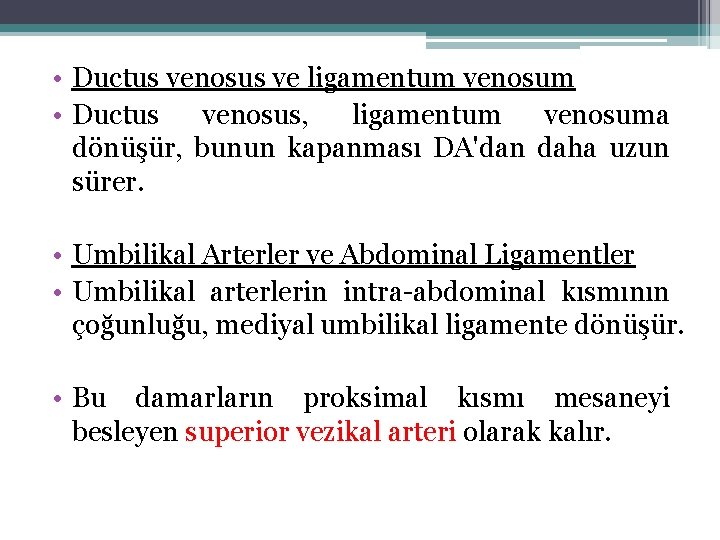  • Ductus venosus ve ligamentum venosum • Ductus venosus, ligamentum venosuma dönüşür, bunun