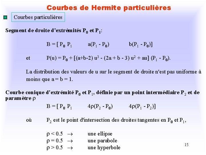 Courbes de Hermite particulières Courbes particulières Segment de droite d'extrémités P 0 et P