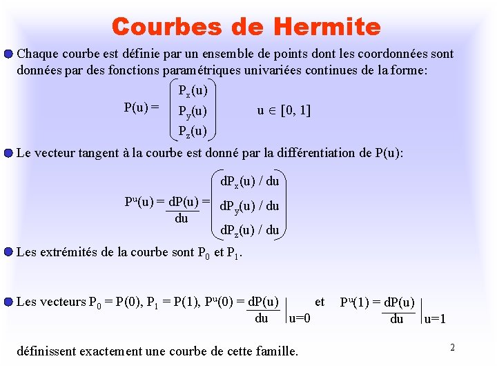Courbes de Hermite Chaque courbe est définie par un ensemble de points dont les