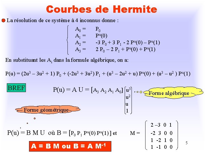 Courbes de Hermite La résolution de ce système à 4 inconnus donne : A