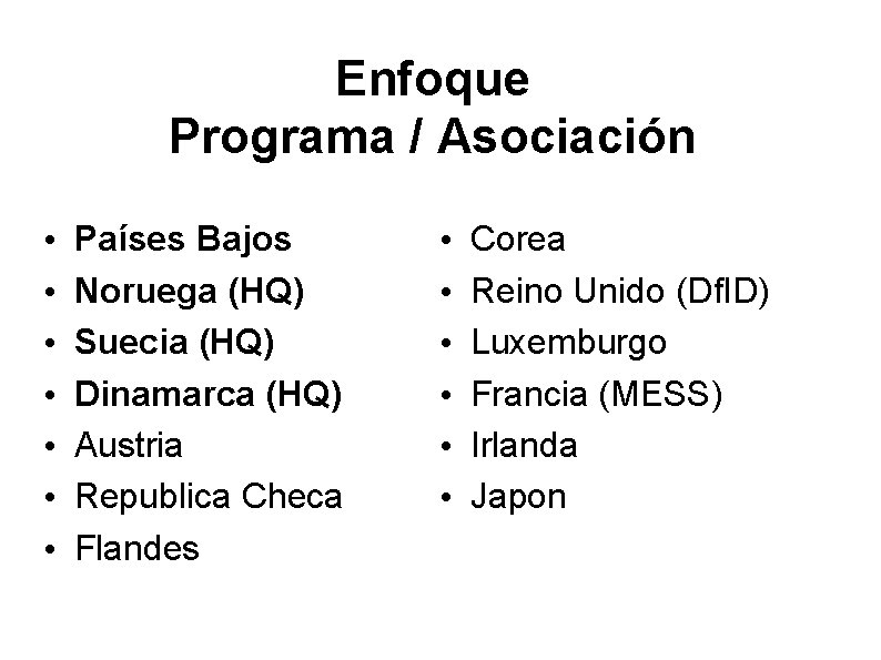 Enfoque Programa / Asociación • • Países Bajos Noruega (HQ) Suecia (HQ) Dinamarca (HQ)