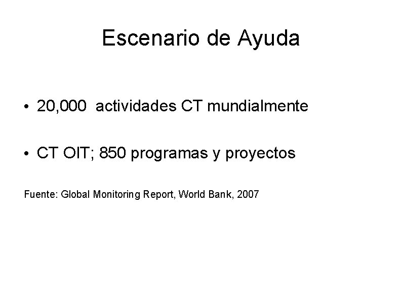 Escenario de Ayuda • 20, 000 actividades CT mundialmente • CT OIT; 850 programas