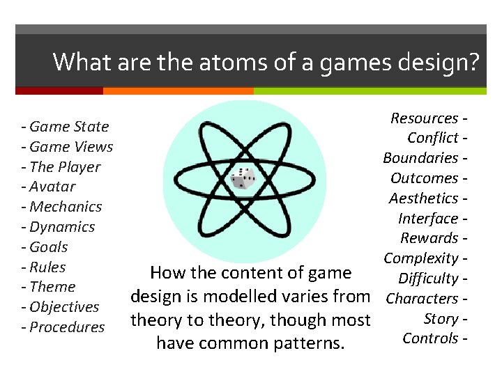 What are the atoms of a games design? - Game State - Game Views What are the atoms of a games design? - Game State - Game Views