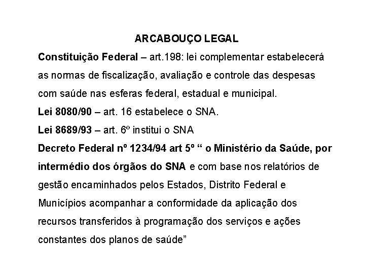 ARCABOUÇO LEGAL Constituição Federal – art. 198: lei complementar estabelecerá as normas de fiscalização,