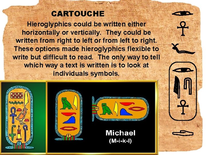 CARTOUCHE Hieroglyphics could be written either horizontally or vertically. They could be written from
