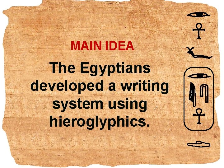 MAIN IDEA The Egyptians developed a writing system using hieroglyphics. 