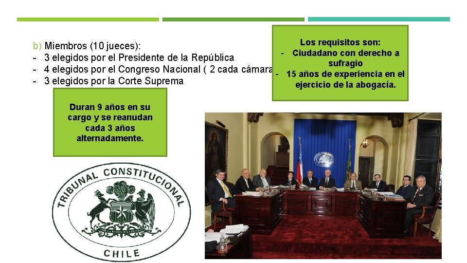 Los requisitos son: b) Miembros (10 jueces): - Ciudadano con derecho a - 3
