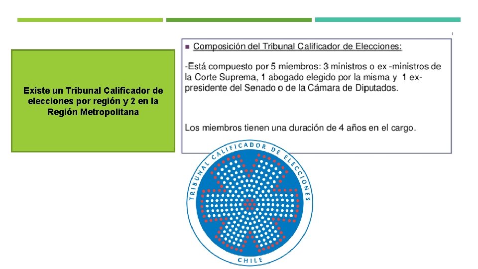 Existe un Tribunal Calificador de elecciones por región y 2 en la Región Metropolitana