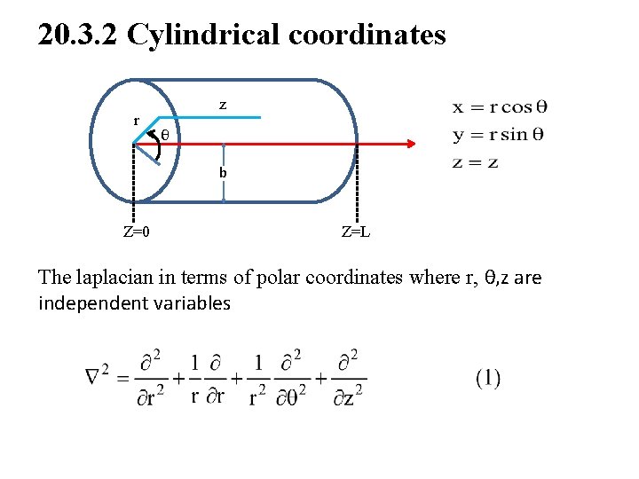 20. 3. 2 Cylindrical coordinates r z θ b Z=0 Z=L The laplacian in