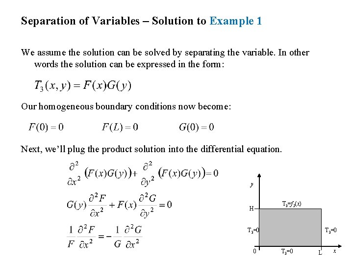 Separation of Variables – Solution to Example 1 We assume the solution can be