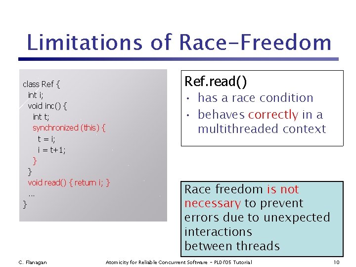 Limitations of Race-Freedom class Ref { int i; void inc() { int t; synchronized