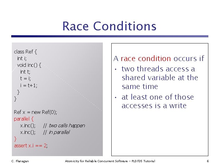 Race Conditions class Ref { int i; void inc() { int t; t =