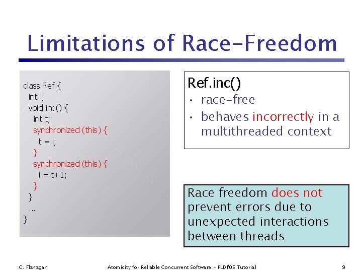 Limitations of Race-Freedom class Ref { int i; void inc() { int t; synchronized