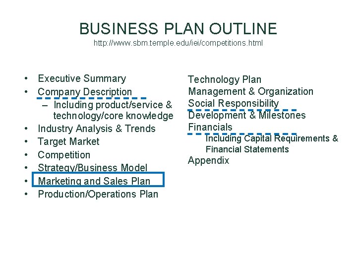 BUSINESS PLAN OUTLINE http: //www. sbm. temple. edu/iei/competitions. html • Executive Summary • Company BUSINESS PLAN OUTLINE http: //www. sbm. temple. edu/iei/competitions. html • Executive Summary • Company