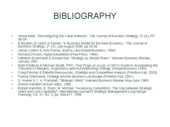 BIBLIOGRAPHY • • • Verna Allee, “Reconfiguring the Value Network, ” The Journal of BIBLIOGRAPHY • • • Verna Allee, “Reconfiguring the Value Network, ” The Journal of