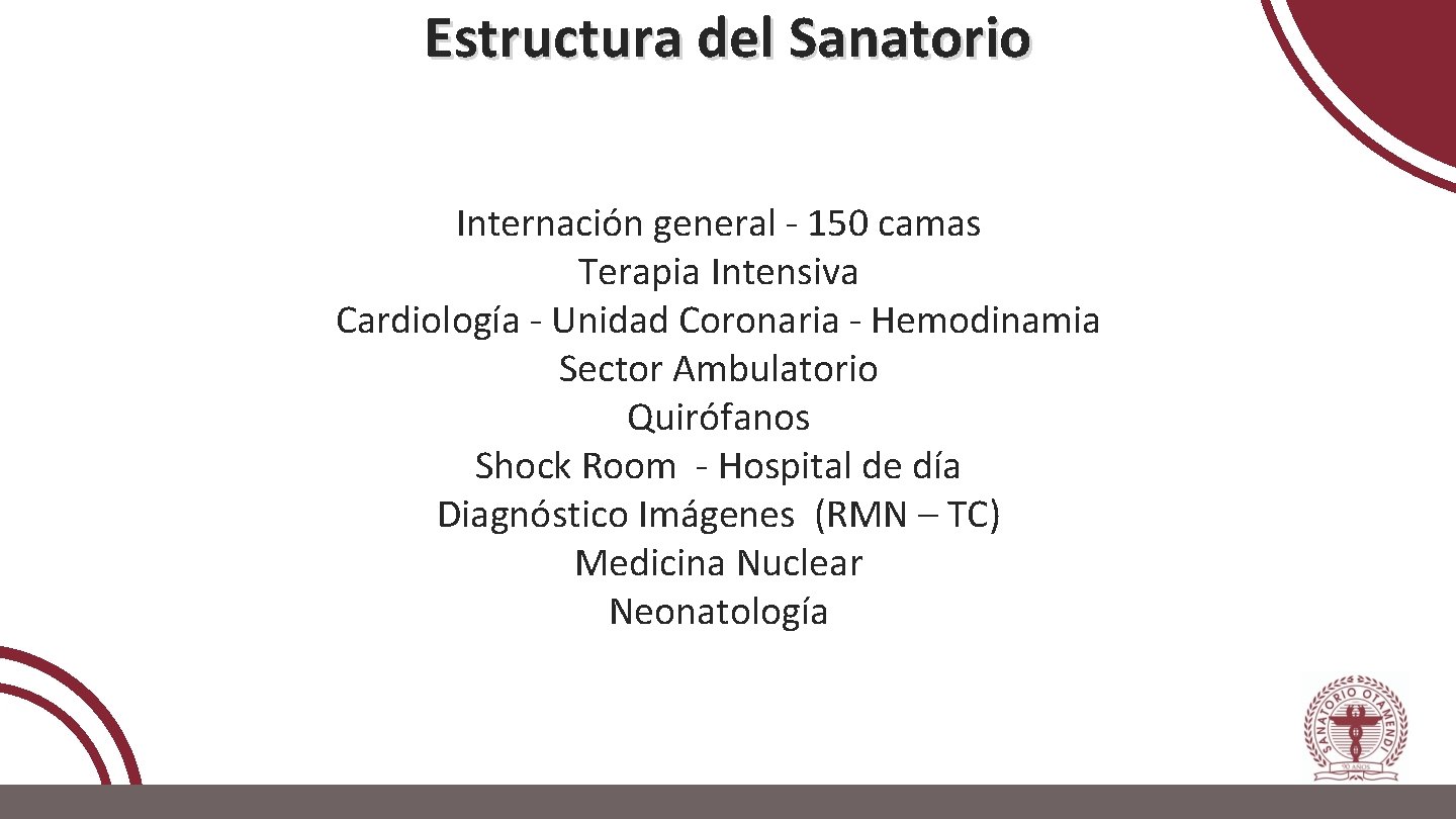 Estructura del Sanatorio Internación general - 150 camas Terapia Intensiva Cardiología - Unidad Coronaria