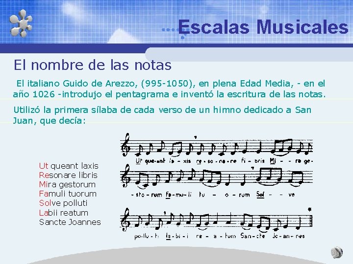 Escalas Musicales El nombre de las notas El italiano Guido de Arezzo, (995 -1050),