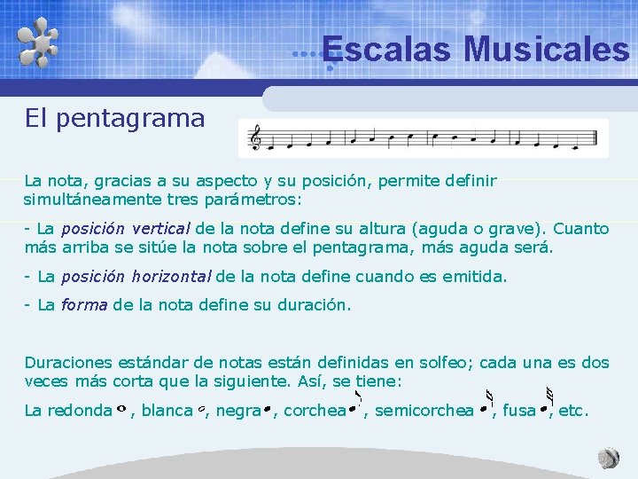 Escalas Musicales El pentagrama La nota, gracias a su aspecto y su posición, permite
