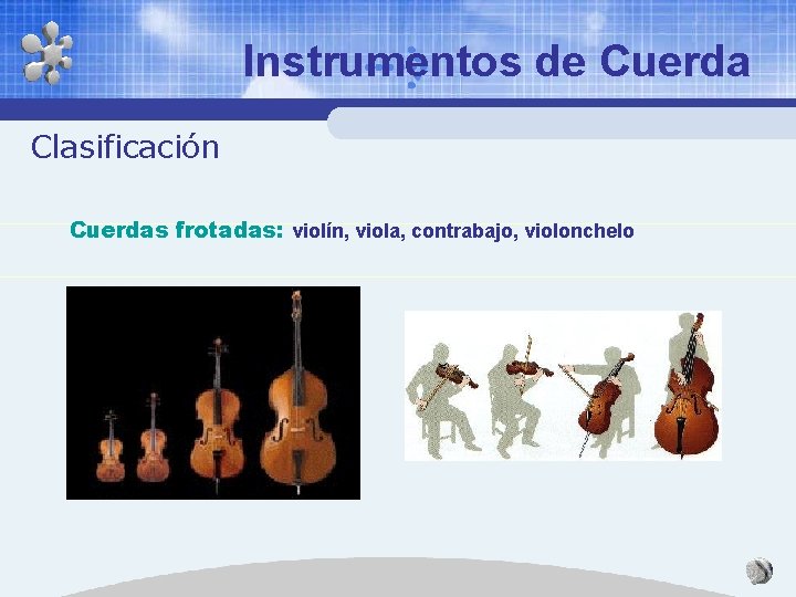 Instrumentos de Cuerda Clasificación Cuerdas frotadas: violín, viola, contrabajo, violonchelo 